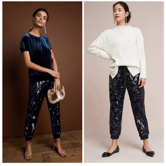 Anthropologie ett:wa Velvet sequin joggers size Small navy fully lined - Picture 3 of 9